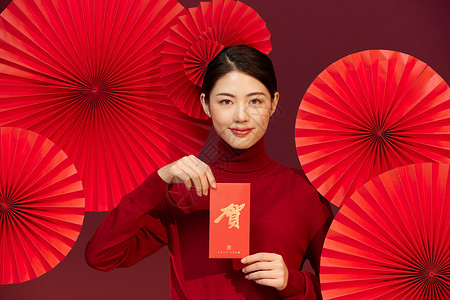 红色竖屏国风中国式中国风国潮美女新年发红包背景