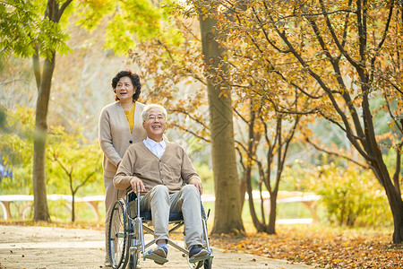运动损伤康复老年夫妇相伴公园散步背景