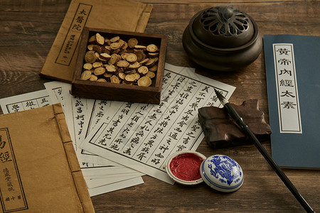 古代计时工具中药材和医书背景