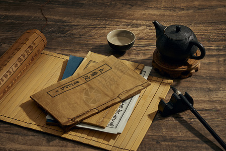 古风茶的素材古书籍和茶艺静物背景