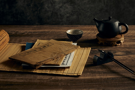 茶历史古书籍和茶艺静物背景