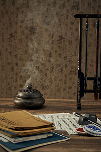 古风香炉素材木桌上笔墨纸砚书写毛笔字 古风香炉青烟毛笔笔架背景
