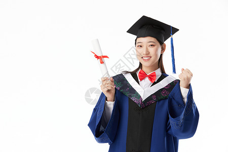 手拿毕业证书的女硕士毕业生加油手势高清图片