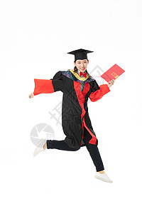 博士毕业生手拿毕业证书跳跃动作图片