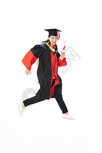 博士毕业生手拿毕业证书跳跃动作图片