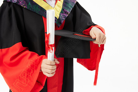 在职博士博士毕业生手拿毕业证书和博士帽背景