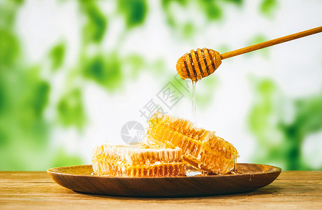 木桌上的蜂巢蜜高清图片