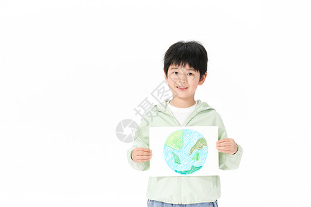 展示手绘地球的小男孩图片