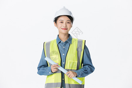 安全帽美女青年女性建筑工程师拿设计图纸背景