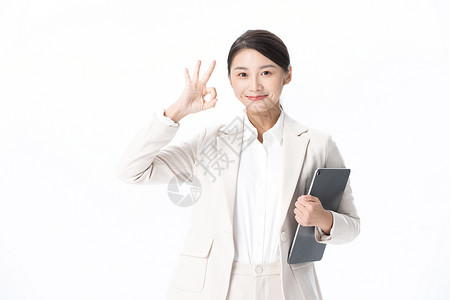 商务女性形象手势青年商务女性拿平板电脑ok手势背景