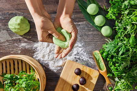 野菜净菜制作青团手部特写背景