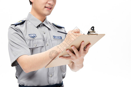 治安巡逻拿着文件夹做询问登记的保安背景