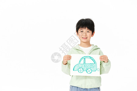手绘举手男孩拿着手绘汽车的小男孩背景
