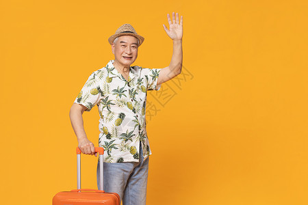 夏威夷衫拉着行李箱的老人背景