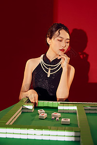 赌场与扑克元素中国风国潮旗袍美女打麻将背景