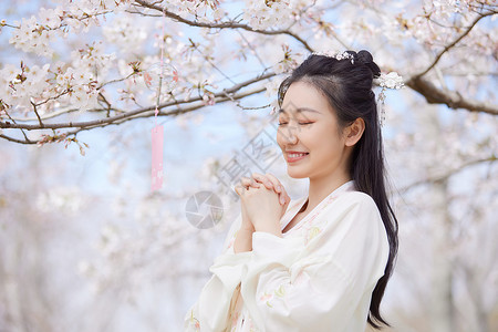 打伞的古风少女古风汉服樱花美女挂风铃许愿背景