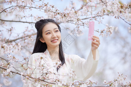 春天卡片古风汉服樱花美女赏花背景