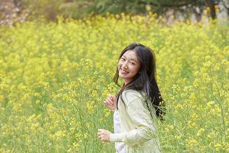 油菜花田花季少女背景图片