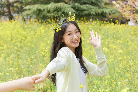 油菜花田花季少女高清图片