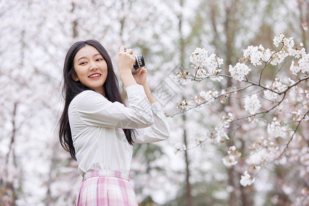 春季樱花少女逛公园赏花背景图片