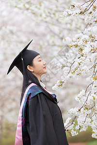 学士服美女春季赏樱花背景图片