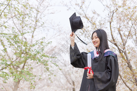 樱花丝带毕业季樱花清纯可爱少女摘学士帽背景