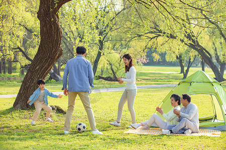  在公园玩快乐的一家五口在草地上玩耍背景