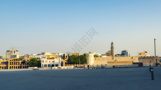中东沙漠卡塔尔多哈老城阿拉伯传统建筑地标背景