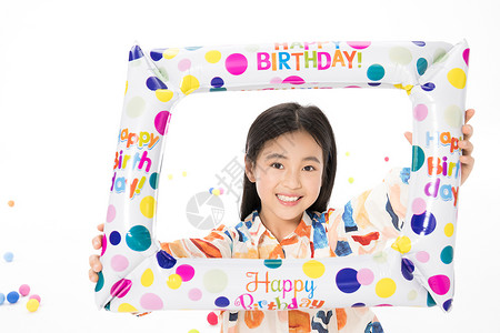 彩色相框童趣可爱的小女孩拿着生日相框背景