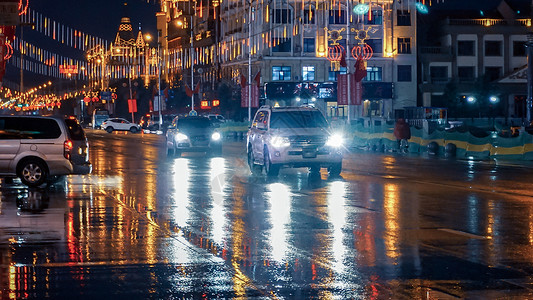 雨天倒影城市雨夜车灯背景