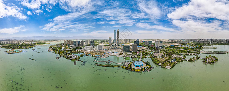 宁夏鸣翠湖航拍蓝天白云下的宁夏银川阅海湾cbd金融中心背景