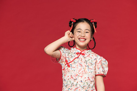 古风素材耳朵红色背景中国风旗袍儿童背景