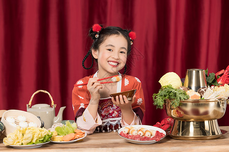 小孩古装古装小女孩吃火锅背景