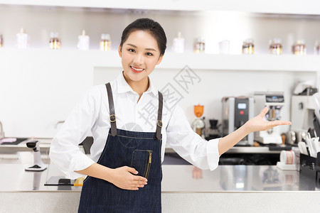 饮品店前台女性服务员邀请手势背景