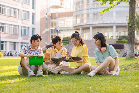 年轻大学生在草坪上讨论问题图片