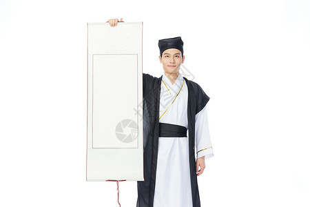 中国风古装男士手拿横幅展示背景图片