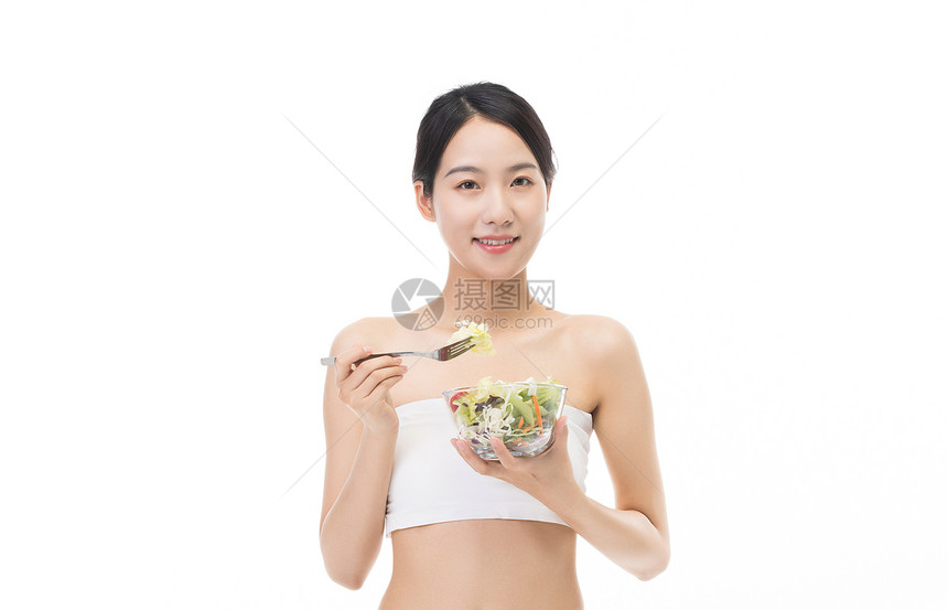 健康养生美女吃蔬菜沙拉图片