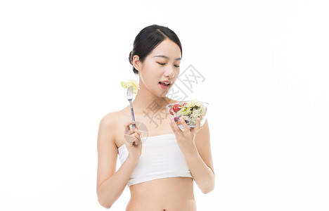 健康养生美女吃水果沙拉图片
