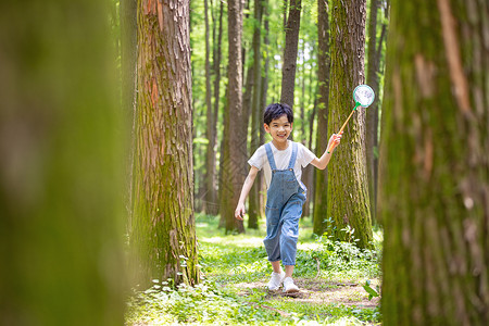 小男孩浇树在树林里奔跑的小男孩背景