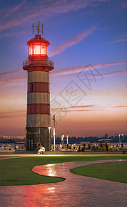 鱼嘴凉鞋南京鱼嘴湿地公园夜景晚霞中的灯塔背景