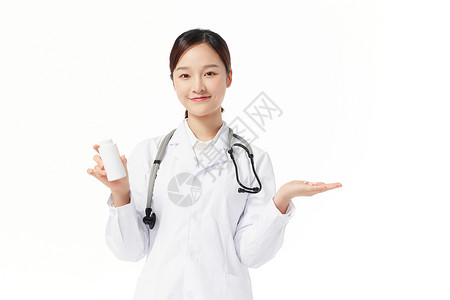药瓶包装展示青年女医师展示药品背景