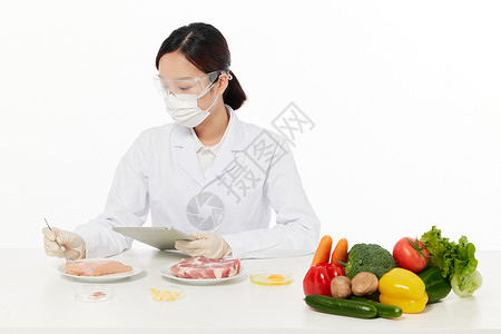 女营养师对肉类进行质检背景图片