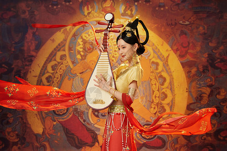 仙女散花素材手拿琵琶演奏的敦煌女性背景