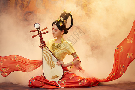国风中秋节海报手拿琵琶演奏的飞天乐姬背景