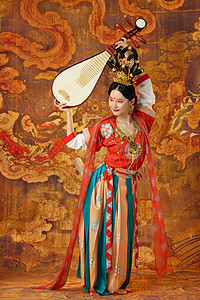 中国风手机海报手拿琵琶舞蹈的敦煌美女背景