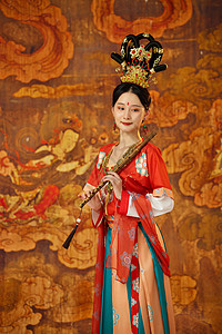 中国风手机海报手拿笛子的西域舞女背景