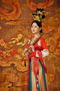 中国风手机海报手拿笛子的敦煌舞女背景
