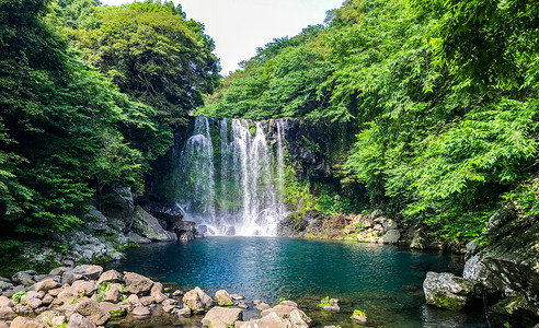 夏日树荫韩国天帝渊瀑布背景