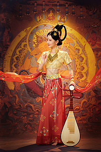 中国风敦煌美女弹奏琵琶背景图片
