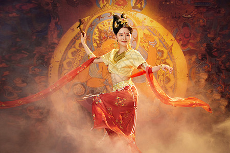 中国风敦煌美女拿竹笛跳舞背景图片